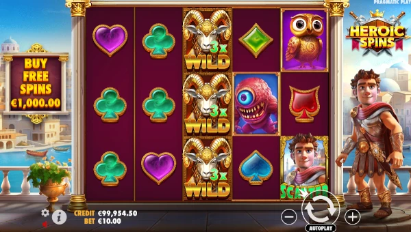 Heroic Spins base game screenshot showing reels and features