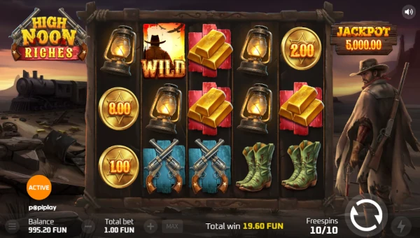 Screenshot of High Noon Riches slot demo showing reels and bonus game features