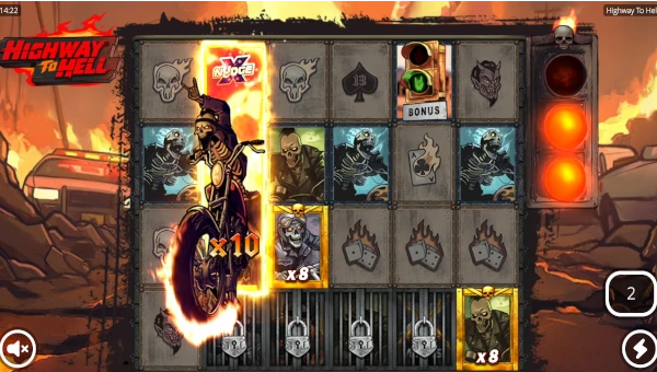 Screenshot of Highway to Hell slot demo showing reels and bonus game features