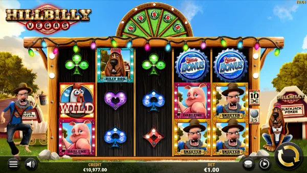 Hillbilly Vegas base game screenshot showing reels and features