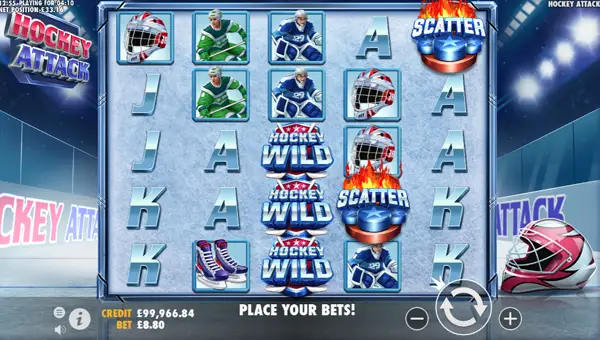 Hockey Attack base game screenshot showing reels and features