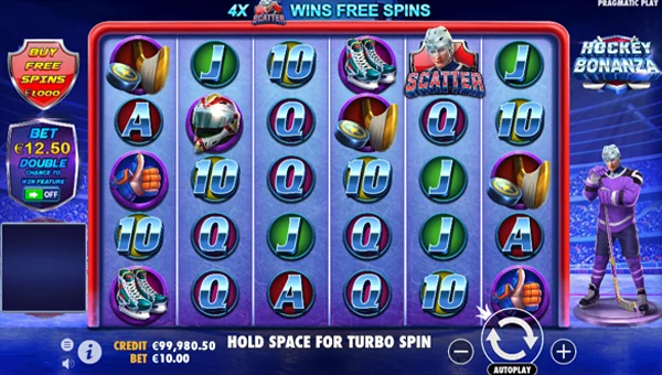 Hockey Bonanza base game screenshot showing reels and features