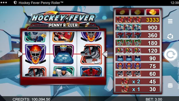 Hockey Fever Penny Roller base game screenshot showing reels and features