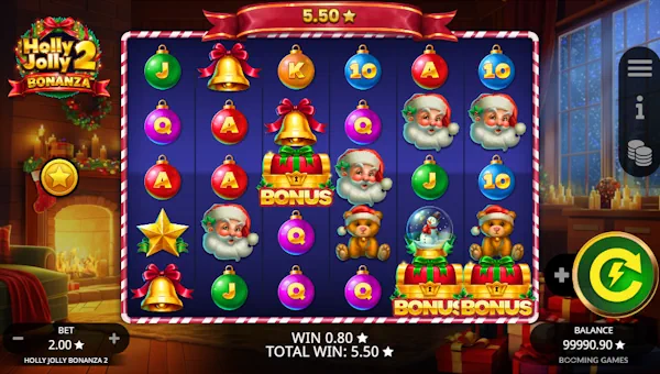 Holly Jolly Bonanza 2 base game screenshot showing reels and features