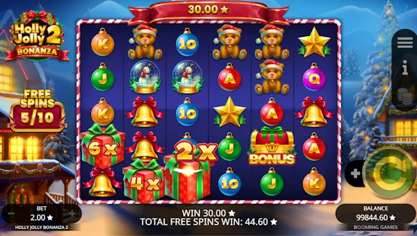 Screenshot of Holly Jolly Bonanza 2 slot demo showing reels and bonus game features