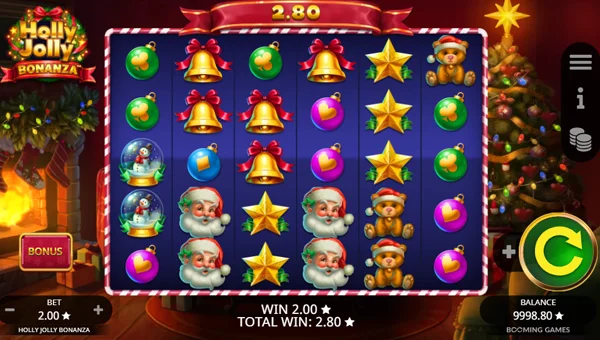 Holly Jolly Bonanza base game screenshot showing reels and features