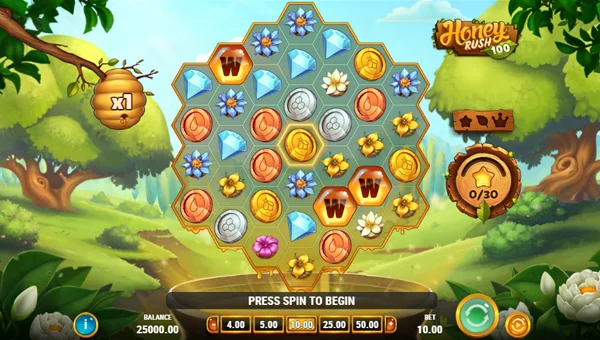 Honey Rush 100 base game screenshot showing reels and features