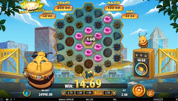 Screenshot of Honey Rush Black and Yellow slot demo showing reels and bonus game features