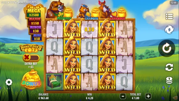 Honeylocks Pots base game screenshot showing reels and features
