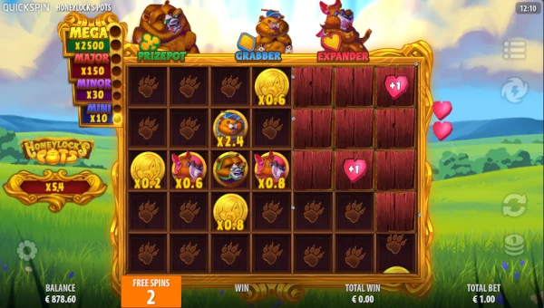 Screenshot of Honeylocks Pots slot demo showing reels and bonus game features