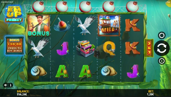 Hook Em Up Frenzy base game screenshot showing reels and features