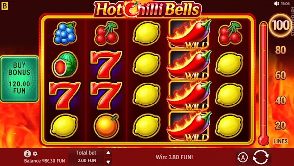 Hot Chilli Bells base game screenshot showing reels and features