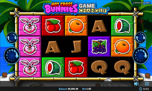 Hot Cross Bunnies Game Changer base game screenshot showing reels and features