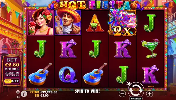 Hot Fiesta base game screenshot showing reels and features