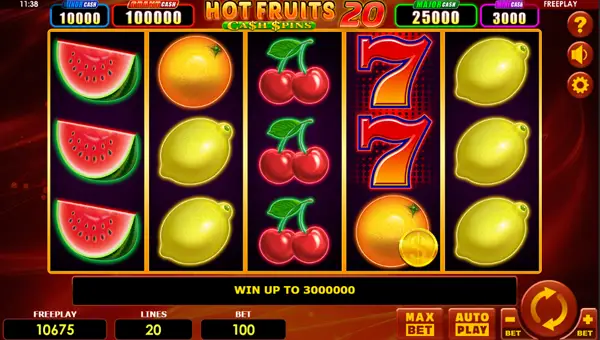 Hot Fruits 20 Cash Spins base game screenshot showing reels and features