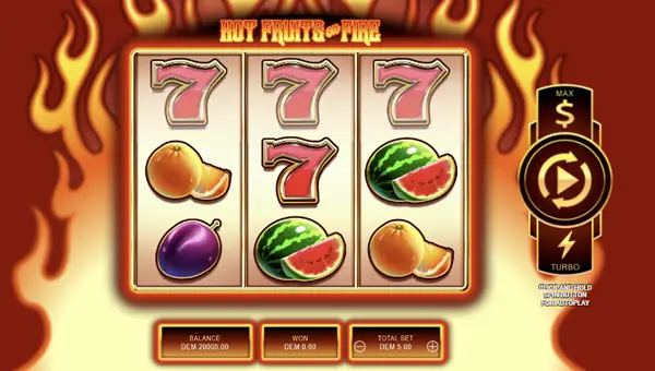 Hot Fruits on Fire base game screenshot showing reels and features