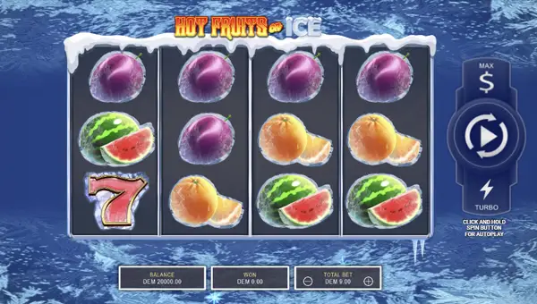 Hot Fruits on Ice base game screenshot showing reels and features