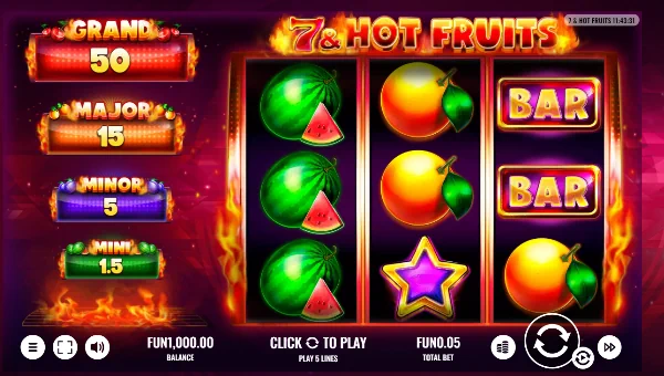 Hot Fruits base game screenshot showing reels and features