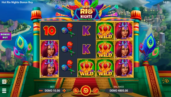 Hot Rio Nights base game screenshot showing reels and features