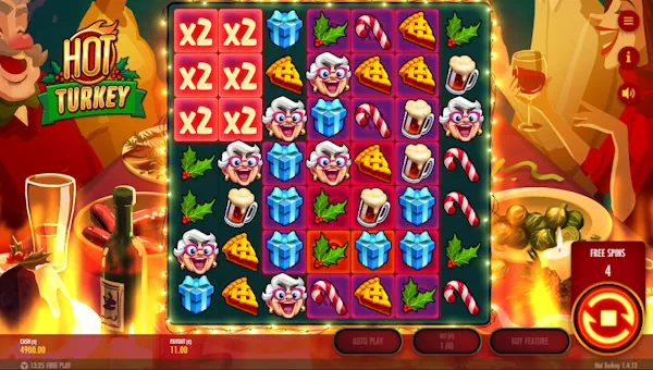 Screenshot of Hot Turkey slot demo showing reels and bonus game features