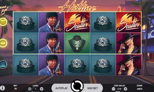 Hotline base game screenshot showing reels and features