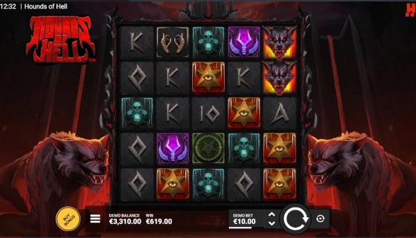 Hounds of Hell base game screenshot showing reels and features