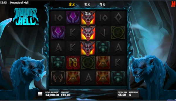 Screenshot of Hounds of Hell slot demo showing reels and bonus game features
