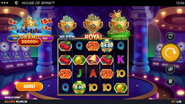 House of Spins base game screenshot showing reels and features
