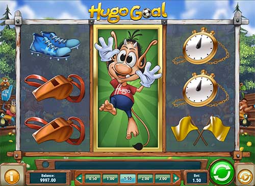 Hugo Goal base game screenshot showing reels and features