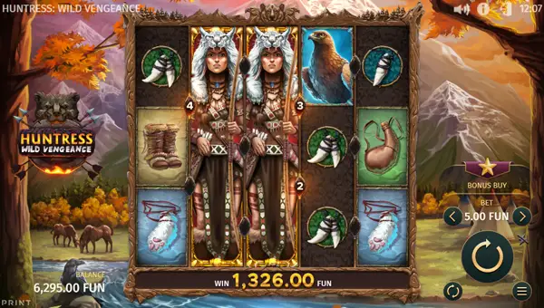 Huntress Wild Vengeance base game screenshot showing reels and features