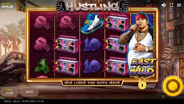 Hustling base game screenshot showing reels and features
