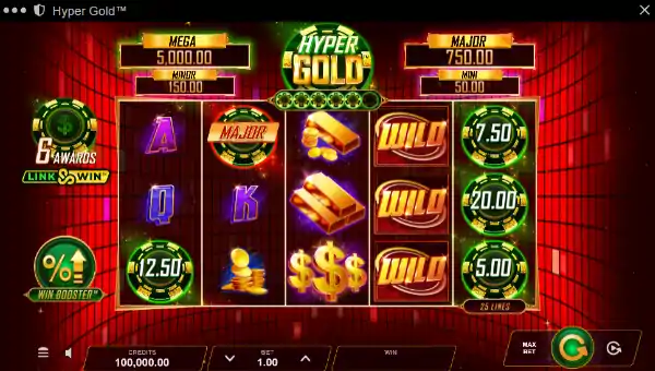 Hyper Gold base game screenshot showing reels and features
