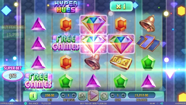 Screenshot of Hyper Hues slot demo showing reels and bonus game features