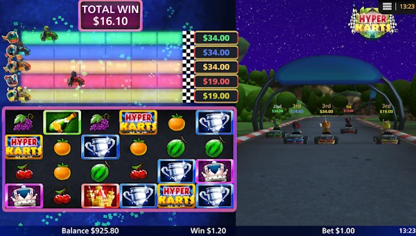 Screenshot of Hyper Karts slot demo showing reels and bonus game features