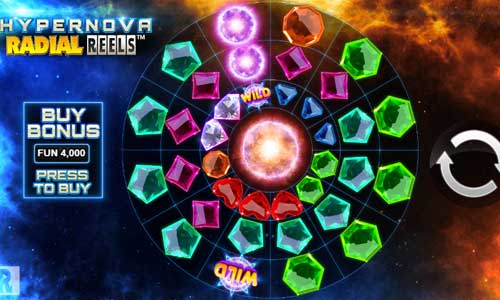 Hypernova Radial Reels base game screenshot showing reels and features