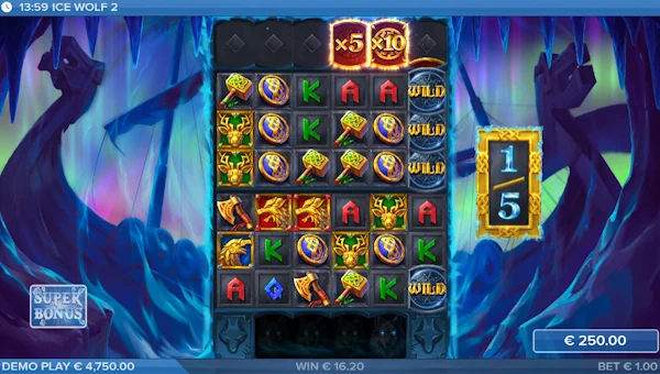 Screenshot of Ice Wolf 2 slot demo showing reels and bonus game features