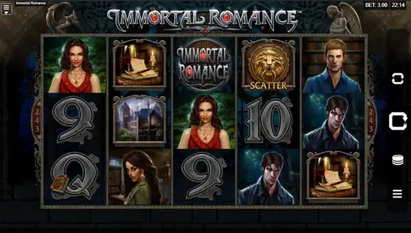 Immortal Romance Mega Moolah base game screenshot showing reels and features