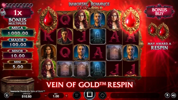 Immortal Romance Vein of Gold base game screenshot showing reels and features