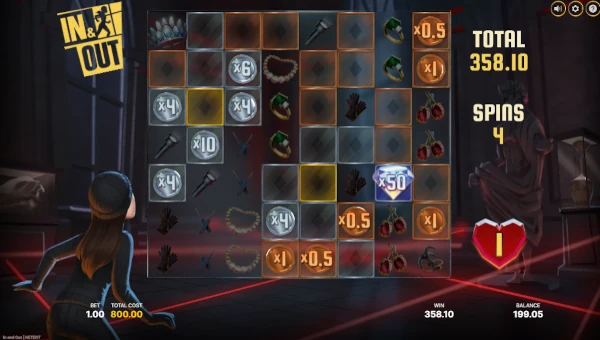 Screenshot of In and Out slot demo showing reels and bonus game features