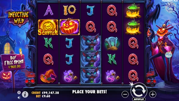 Infective Wild base game screenshot showing reels and features