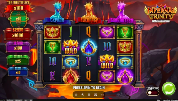 Infernal Trinity Go Guaranteed base game screenshot showing reels and features