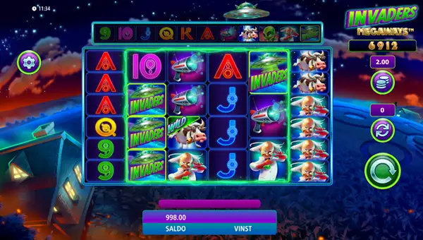 Invaders Megaways base game screenshot showing reels and features