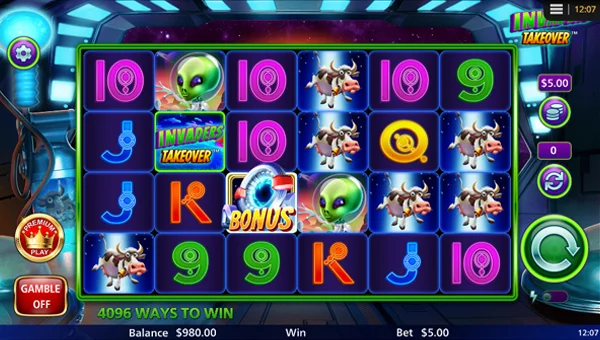 Invaders Takeover base game screenshot showing reels and features