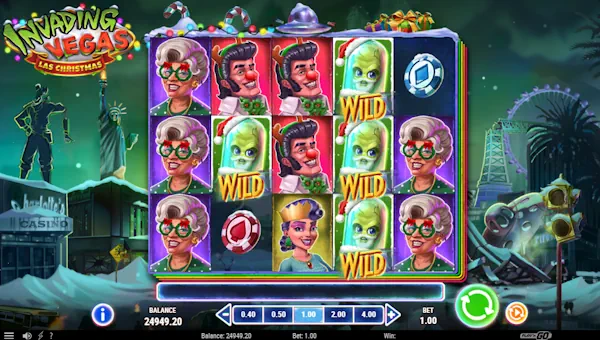 Invading Vegas Las Christmas base game screenshot showing reels and features