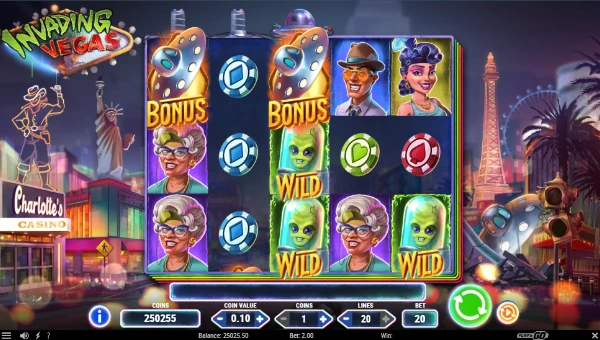 Invading Vegas base game screenshot showing reels and features