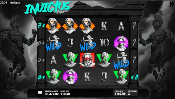 Screenshot of Invictus slot demo showing reels and bonus game features