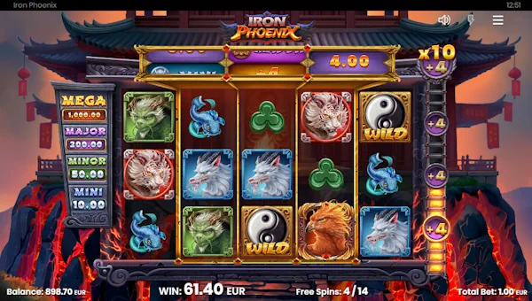 Screenshot of Iron Phoenix slot demo showing reels and bonus game features