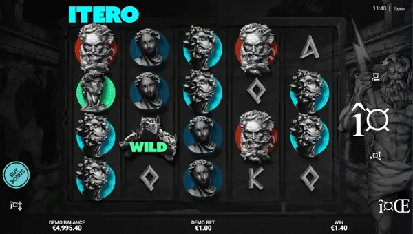 Itero base game screenshot showing reels and features