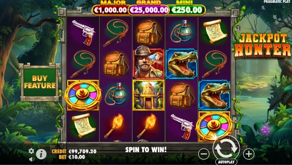 Jackpot Hunter base game screenshot showing reels and features