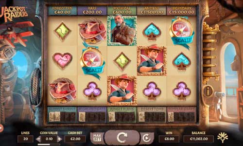 Jackpot Raiders base game screenshot showing reels and features